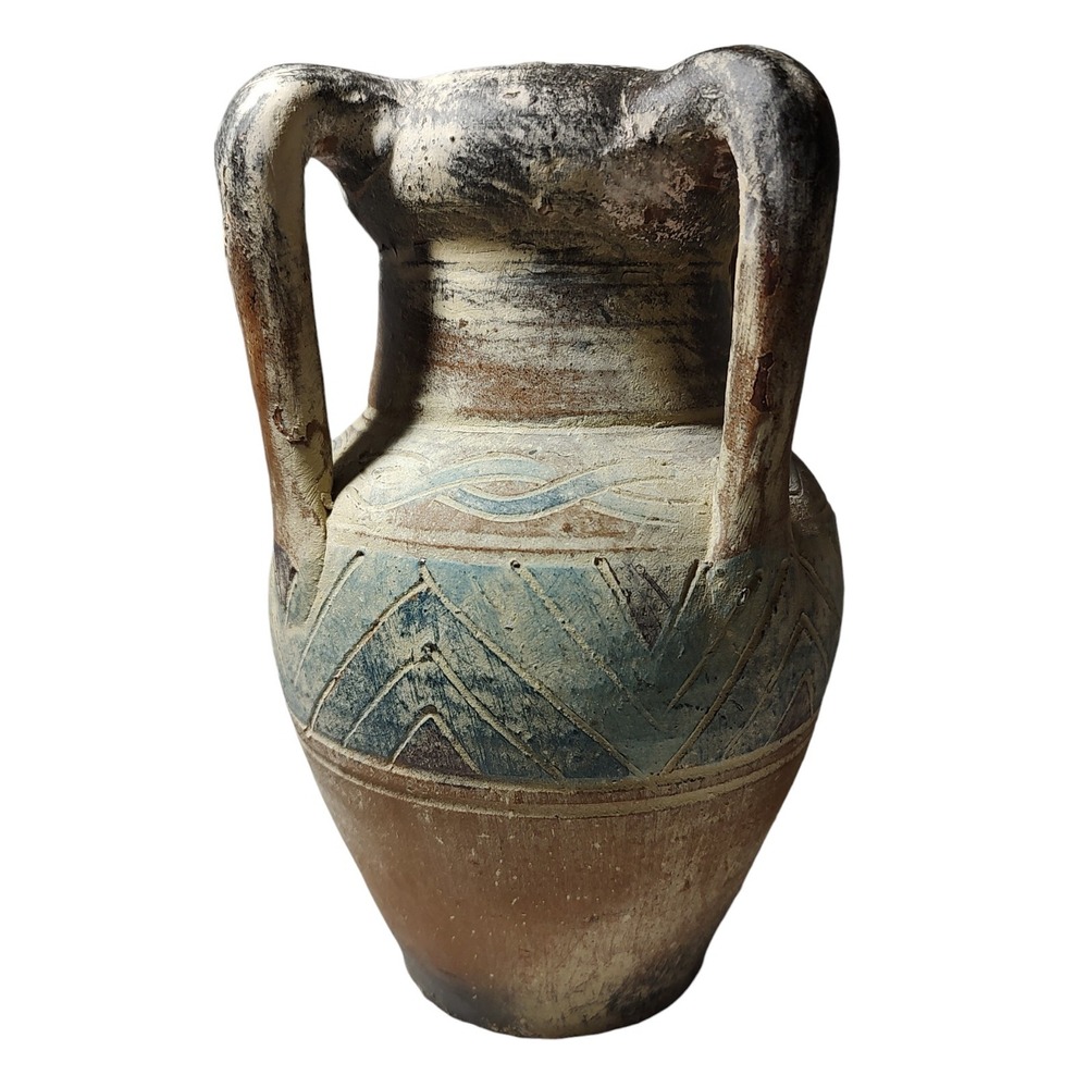 Vintage Handspun Native Vase Clay Pottery Stoneware Etched Four Handle‎ 9.5 Inch